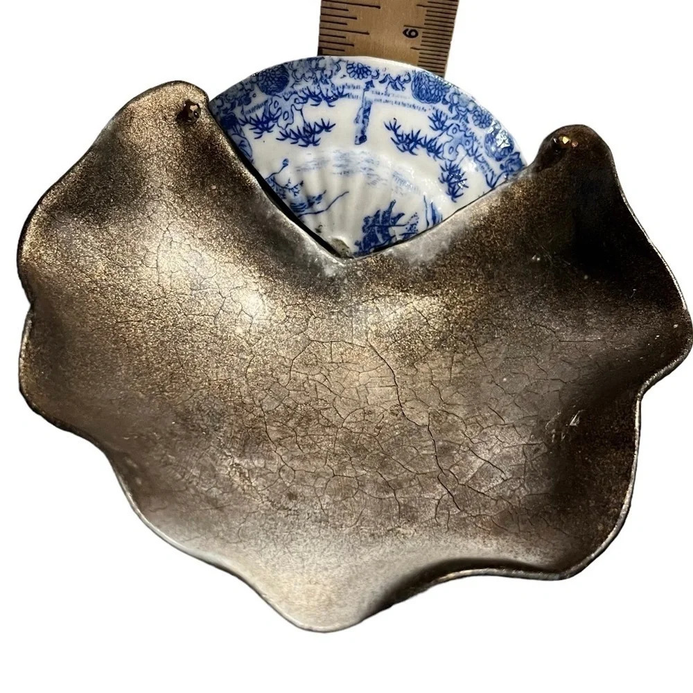 Studio Pottery Shell Form Raku Dish Found Objects Shard Signed Jane F